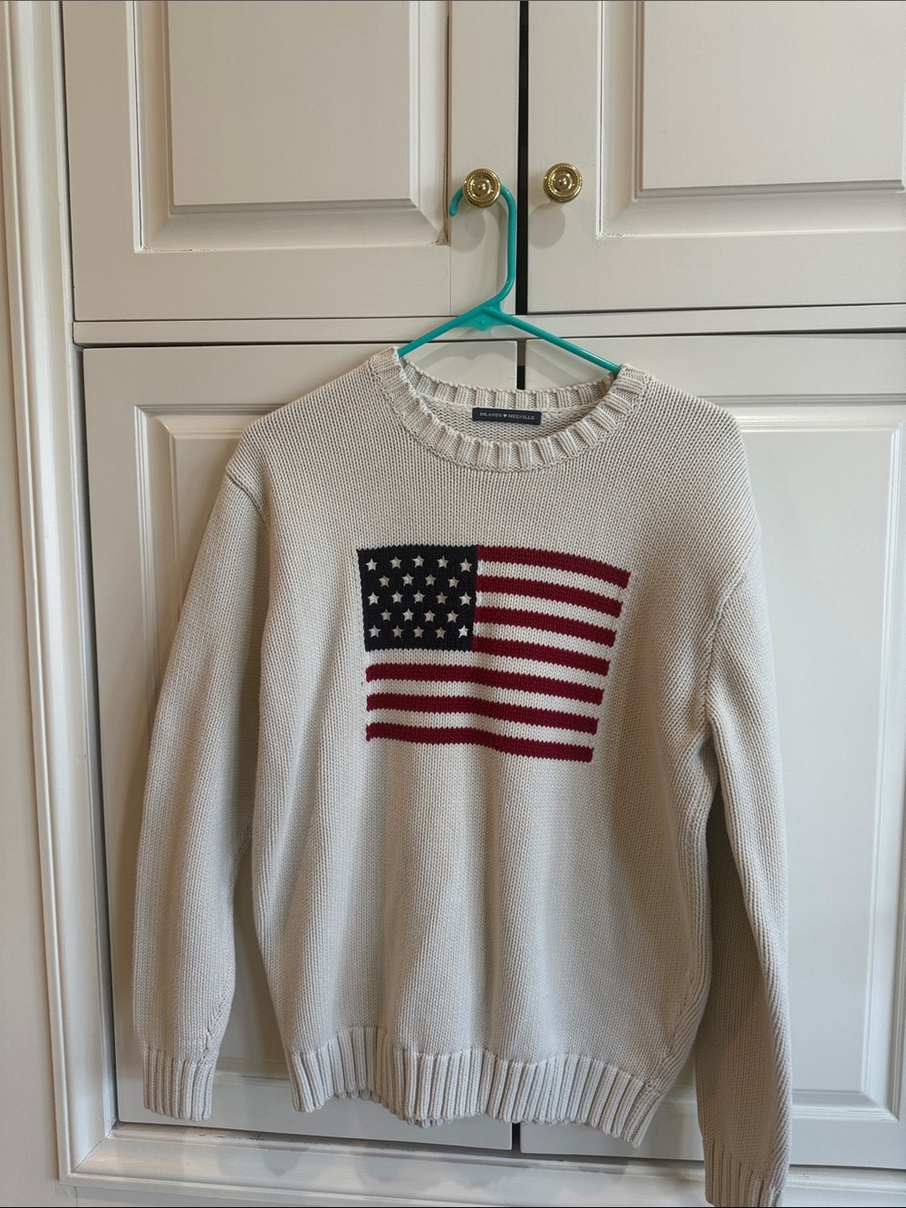 Brandy Melville Cream Crewneck Sweater with Red & Navy Flag